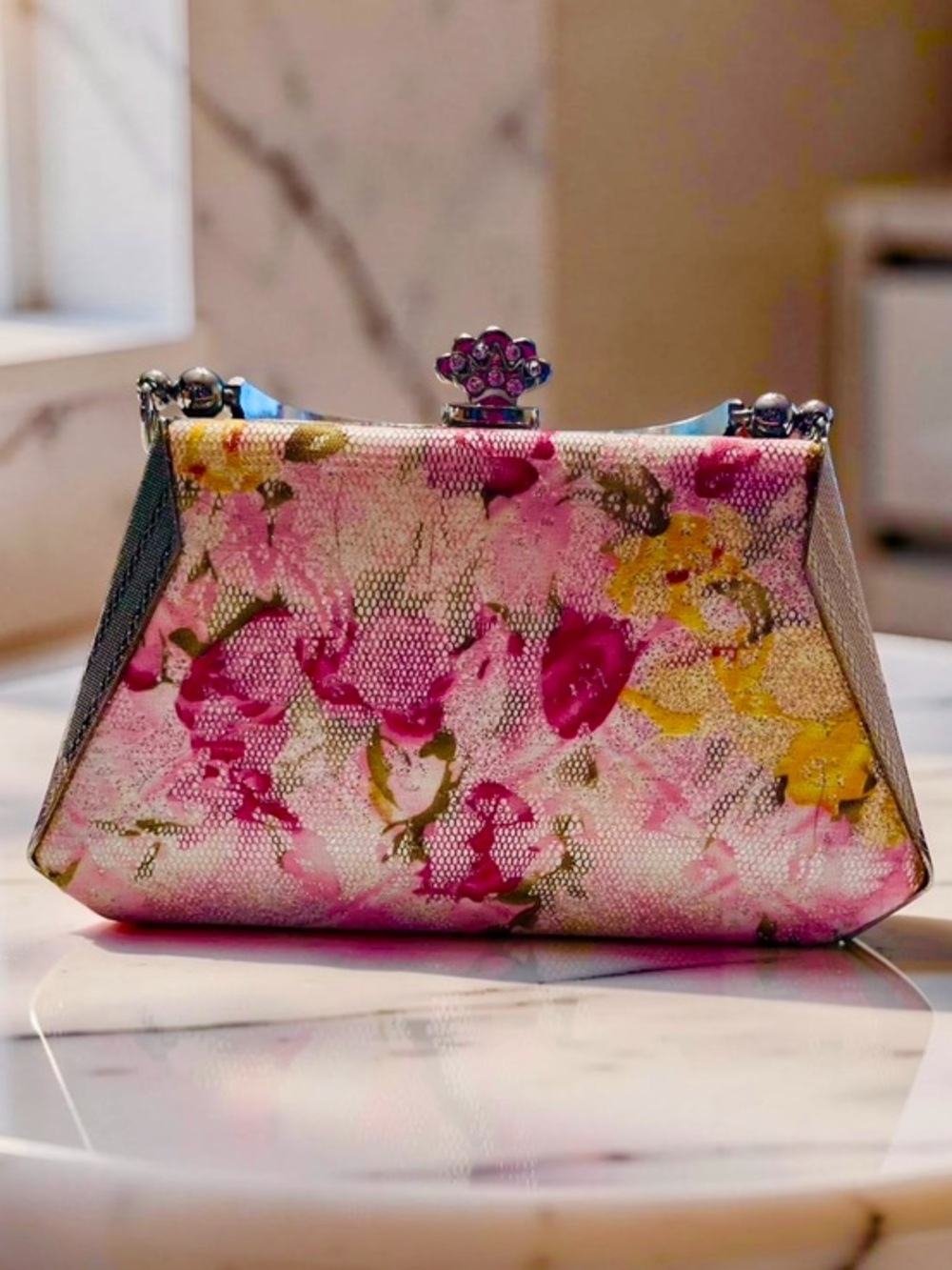 Vintage Floral Metallic Frame Clutch - Pink, Yellow & Silver